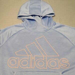 Adidas Hoodie Womens Large Light Blue Climawarm Pullover Pink Logo Sweatshirt